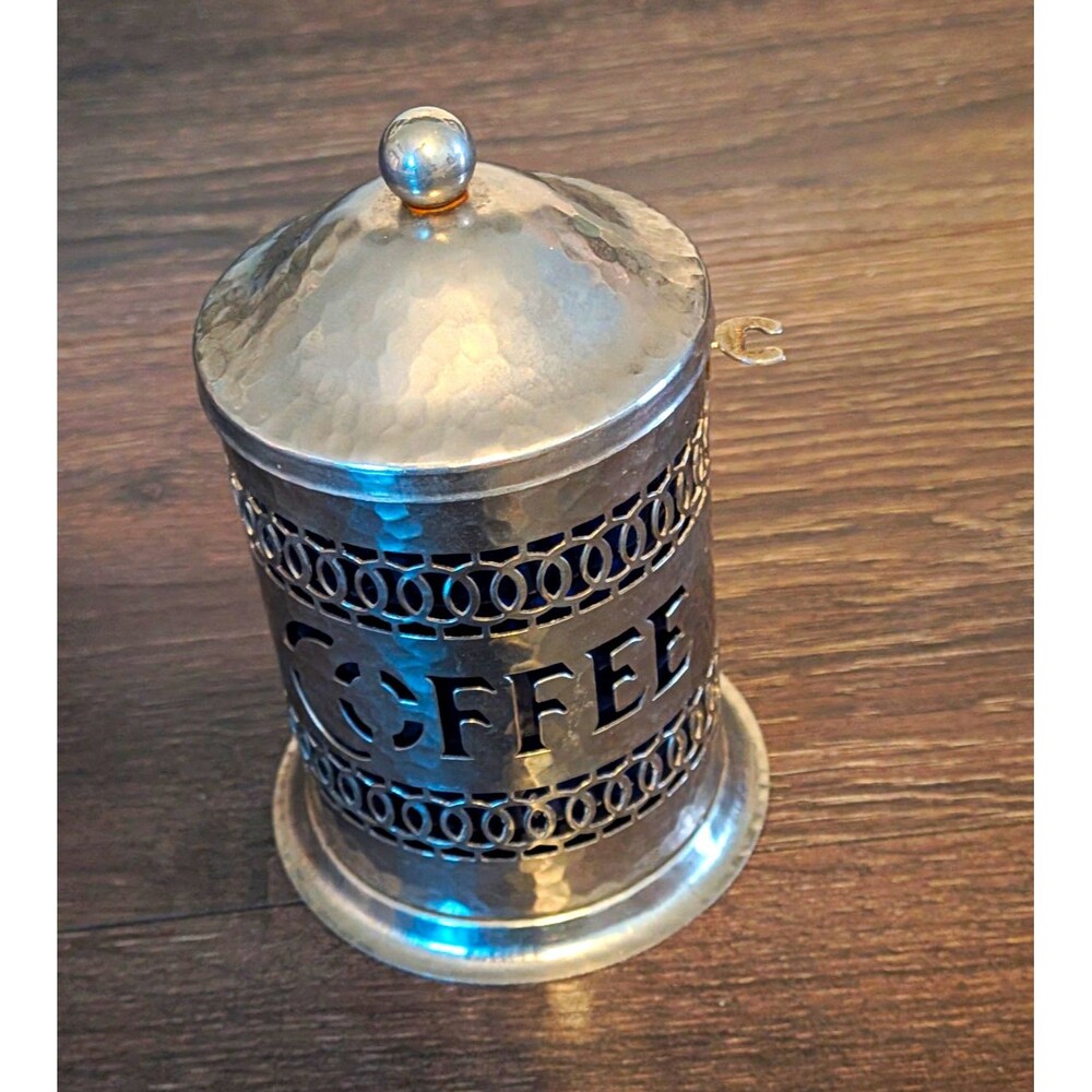 Silver Metal Coffee Canister Cylinder w/ Lid & Blue Plastic Insert